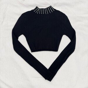 Say What? Black Mock Neck Long Sleeve Crop Top with Rhinestone Collar in Size S